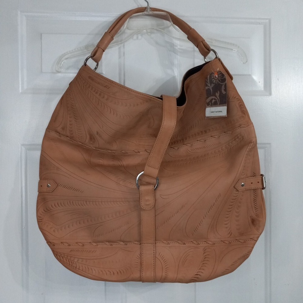 Leaders in Leather Tooled Slouch Hand Carved Heavy Leather Shoulder Bag Natural